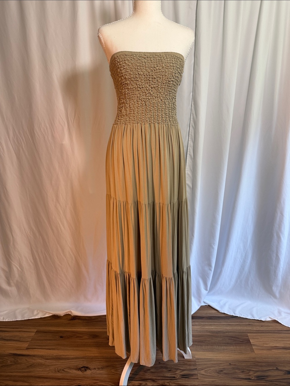Michael Kors Tan Strapless Smocked Maxi Dress